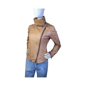 Soia & Kyo Leather Moto Biker Jacket | Cognac Brown | Funnel Collar | Size S